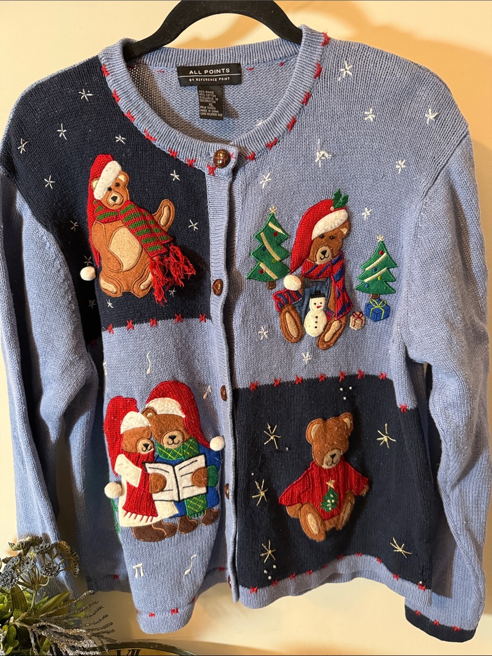 Vintage All Points Light Blue & Navy Teddy Bear ugly Christmas sweater but cute